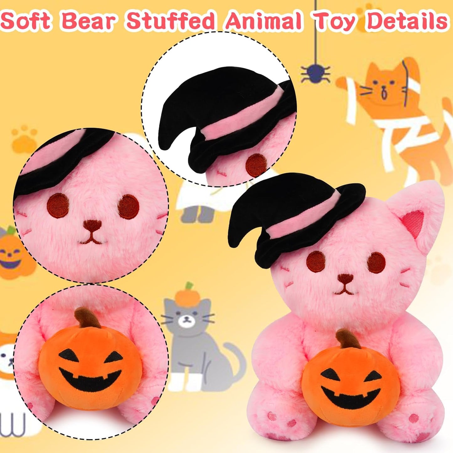 Halloween Cat Plush Pillow Toys, 9“ Cute Pink Cat Stuffed Animals for Kids Girls, Halloween Plush Witch Cat Plushi Kawaii Stuffed Cat Toys Plush Doll Decorations