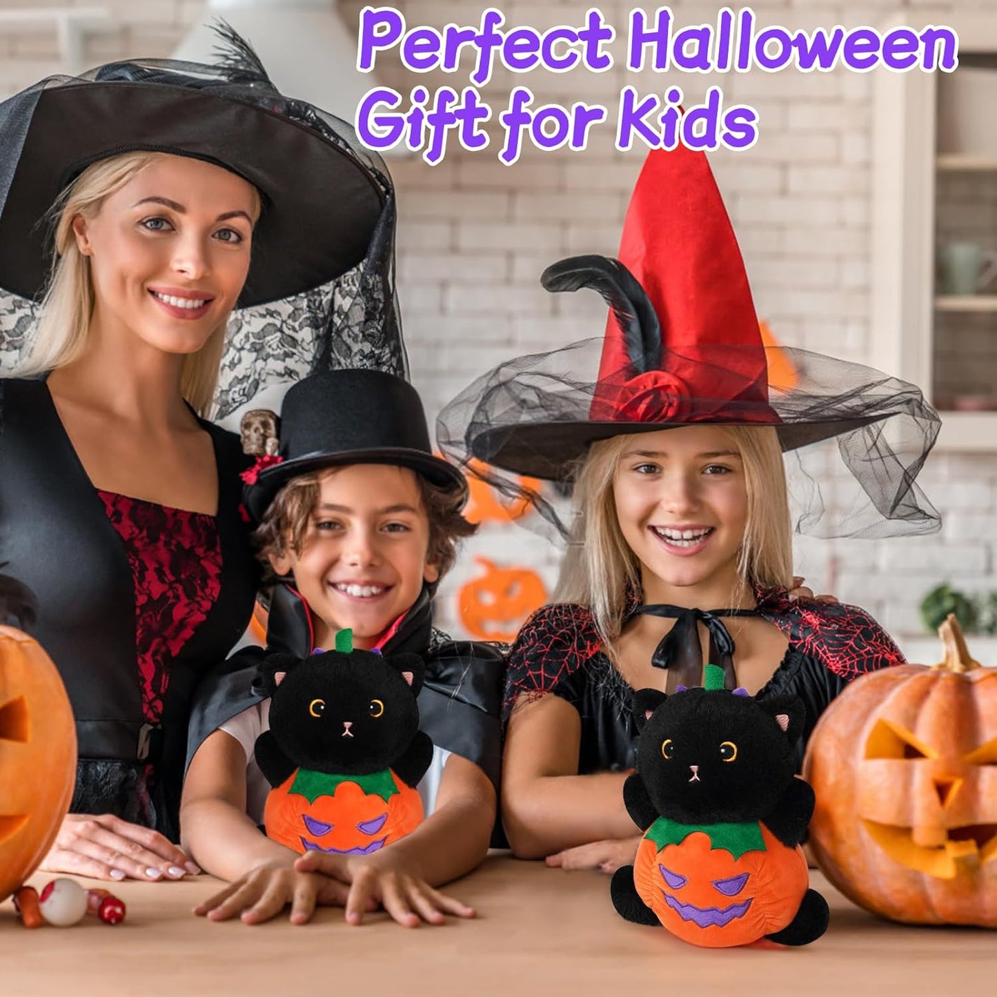 Black Cat Plush Halloween Pulsh, 8 inch Cute Pumpkin Pillow Halloween Stuffed Animals, Kawaii Black Cat Plush Pillow, Halloween Decoration Soft Cat Plush Toys for Kids