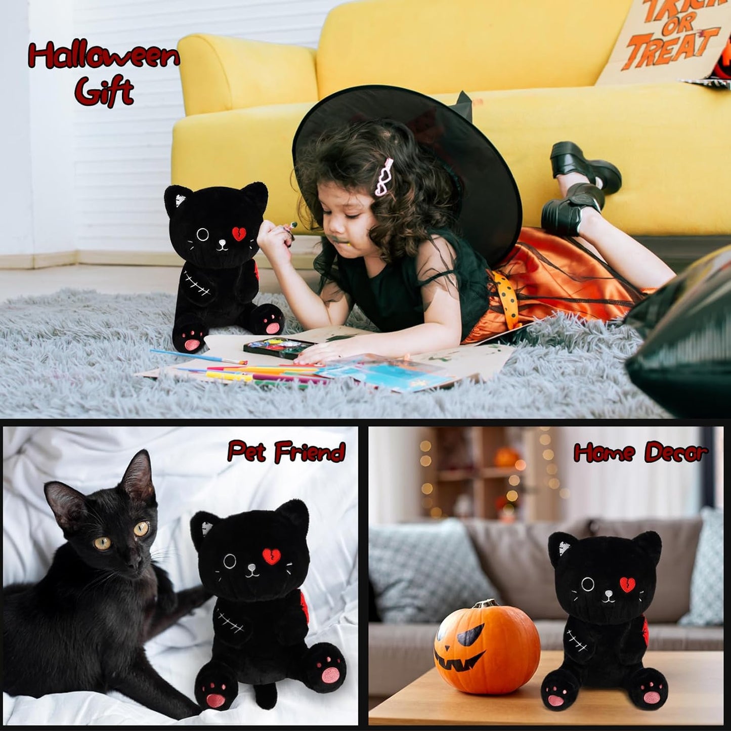 Black Cat Plush, Halloween Cat Plush,Kawaii Black Cat Plushies,Halloween Cat Stuffed Animals,Halloween Black Cat Plushie Doll,Gift for Halloween Christmas