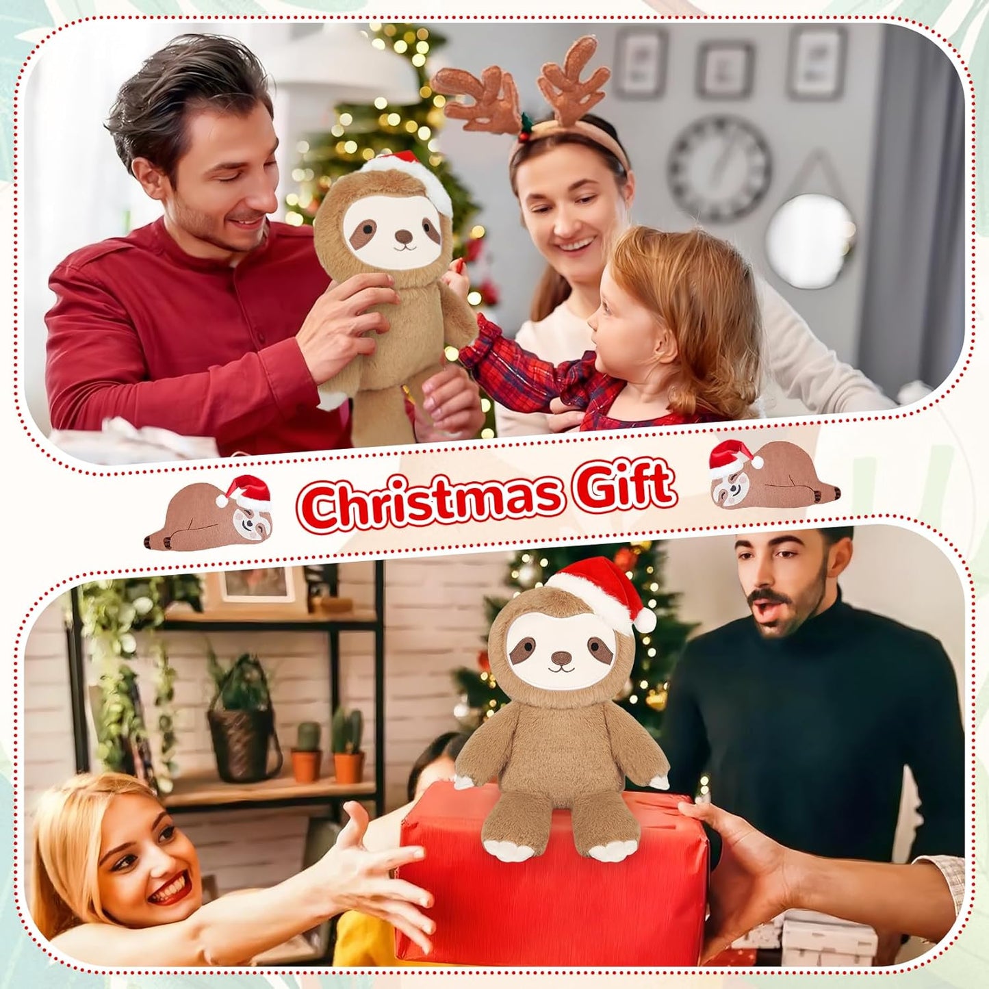 Sloth Stuffed Animal Christmas Plush, Christmas Stuffed Animal Santa Sloth Plush Toys, Cute Stuffed Sloth Pillow, Christmas Sloth Gift for Kids and Adults Christmas Decorations