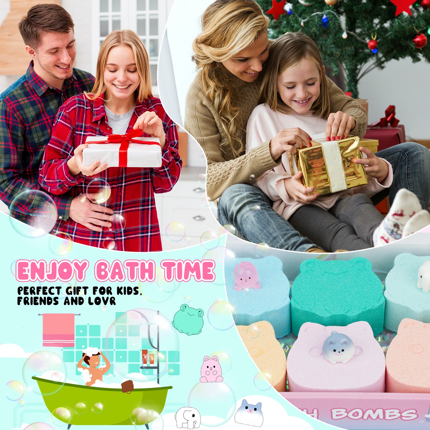 Kids Bath Bombs with Surprise Inside, 6pcs Bath Bombs for Kids with Stones, Crystals and Gemstones, Frog and Cat Shape Kids Bath Bombs Gift Set Kid Toys for Boys and Girls