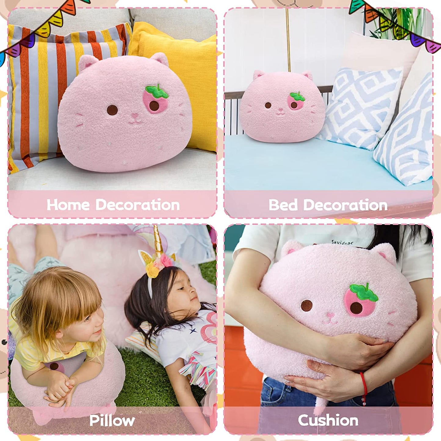Cat Plush Pillow, Soft Cat Hugging Pillow Plush, Strawberry Cat Stuffed Animal, Cute Pink Plush Cat Cuddle Cushion Pillow Kitten Kawaii Stuffy Plushie Gifts for Kids