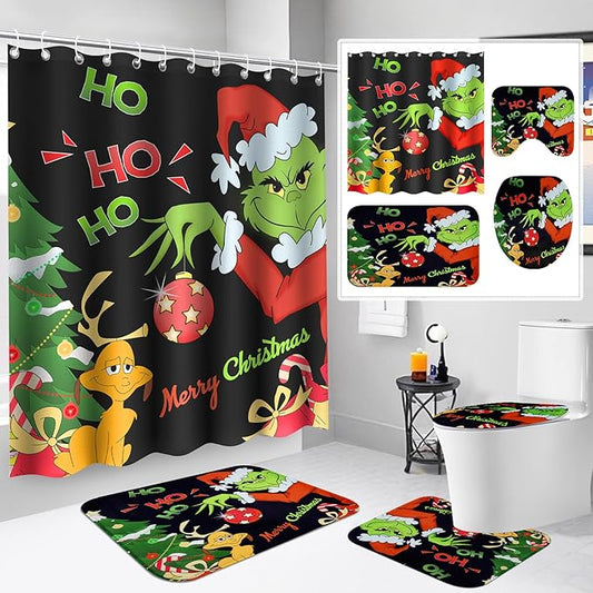 4Pcs Christmas Shower Curtain Set, Funny Christmas Bathroom Sets with Waterproof Shower Curtain, Non Slip Rugs, Toilet Lid Cover, Bath Mat, Xmas Gifts Bathroom Decor with 12 Hooks 71'' x 71''