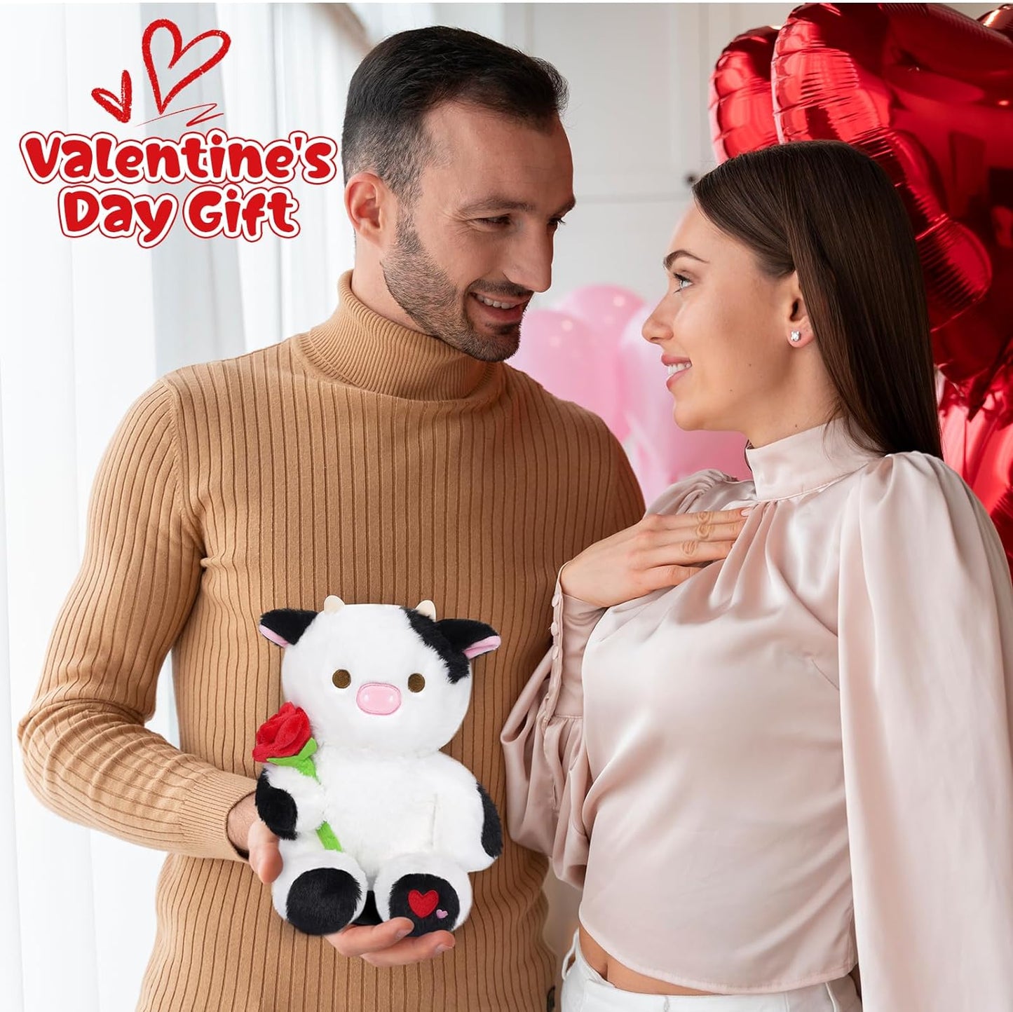 Cute Black Cow Plush Pillow Toy Valentine's Day Plush Cow Doll, Valentine's Cow Stuffed Animal Toys, Valentine's Day Gift for Girlfriends (Pink Cow)