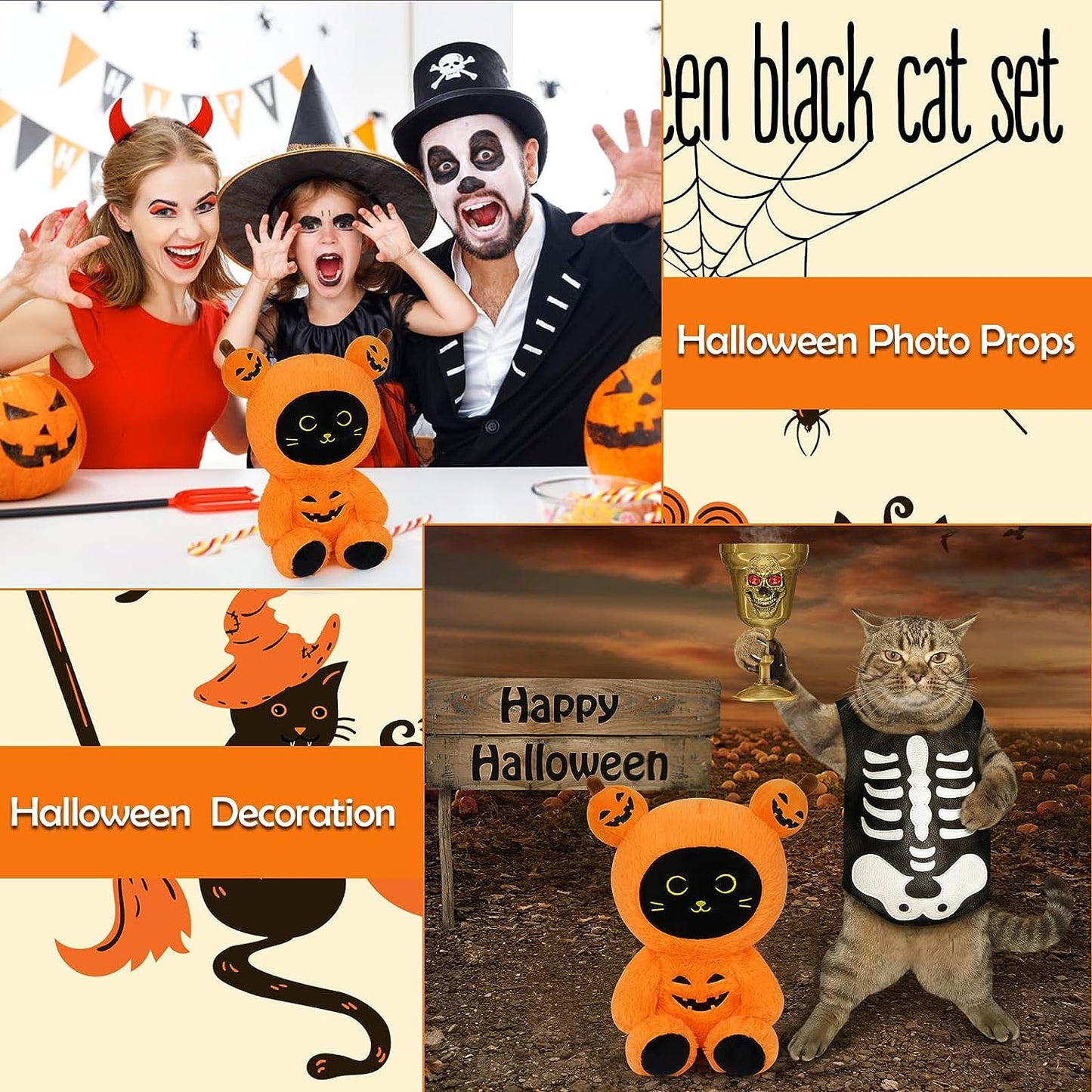 Pumpkin Plush Cat Stuffed Animals, Halloween Black Cat Plushie Cat Plush Pillows, Kawaii Creative Soft Stuffed Cat Toy Halloween Plush Gifts Decorations for Kids Girls Boys