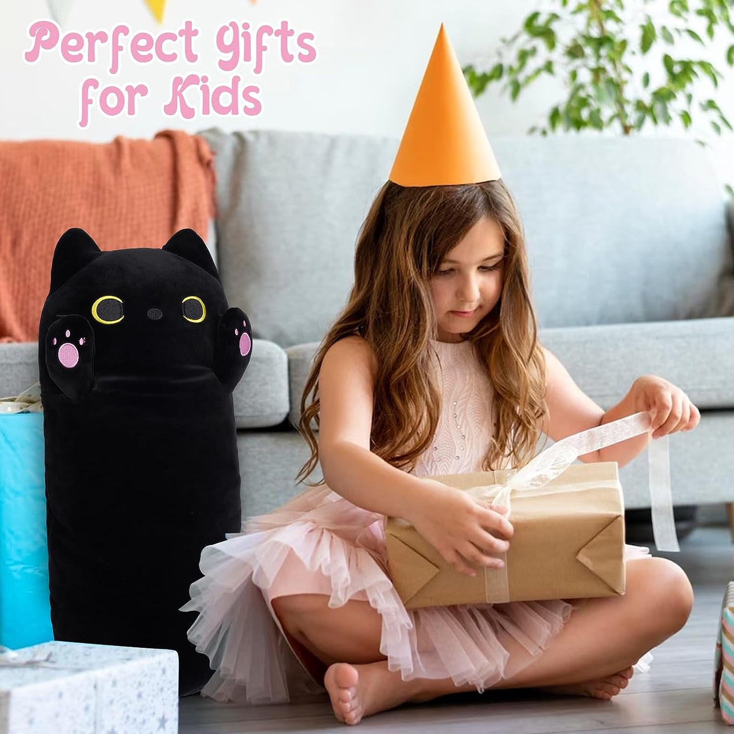 Almohada larga de felpa para gato, 24 pulgadas, lindo animal de peluche de gato negro, peluche de gato largo de dibujos animados, suave gato negro de peluche para niños, cumpleaños, Halloween