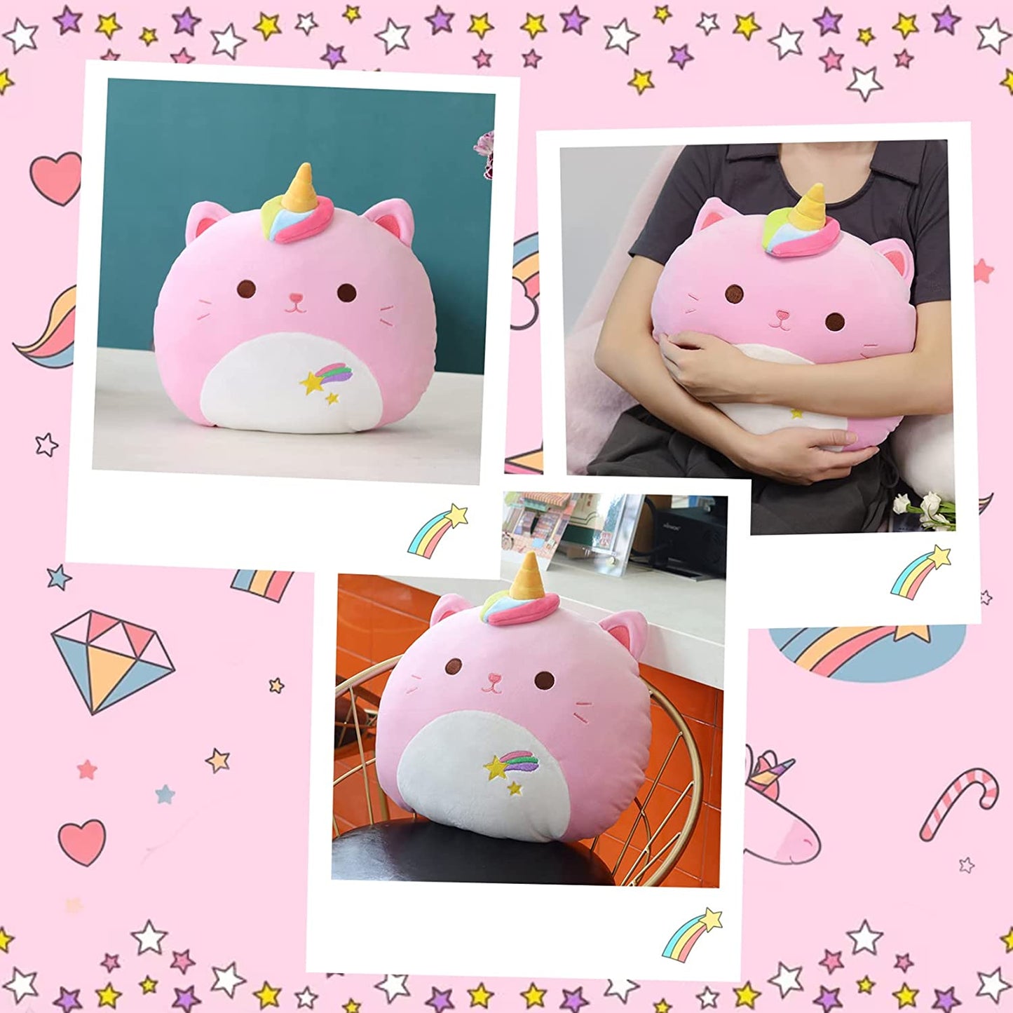 Cat Plush Pillows Toys, 13.5" Kawaii Cat Stuffed Animals for Kids Girls, Cute Pink Cat Plushie Cat Pillow Stuffed Cat Toys for Birthday Christmas Decoration