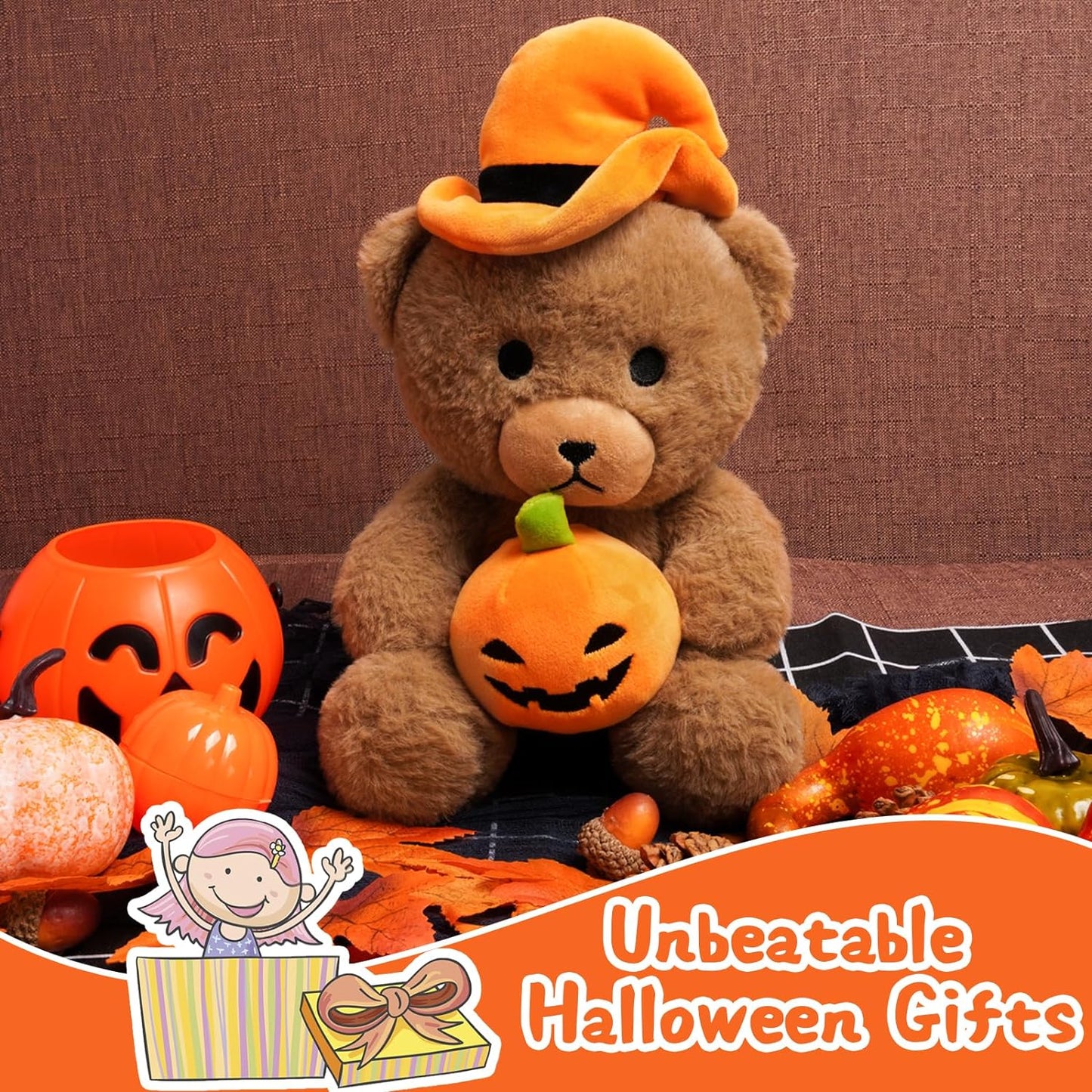 Teddy Bear Stuffed Animal, 8.6 inch Halloween Teddy Bear Hugging Pumpkin, Cute Teddy Bear Plush Toys with Hat, Halloween Decoration Gifts for Adults Children, Brown