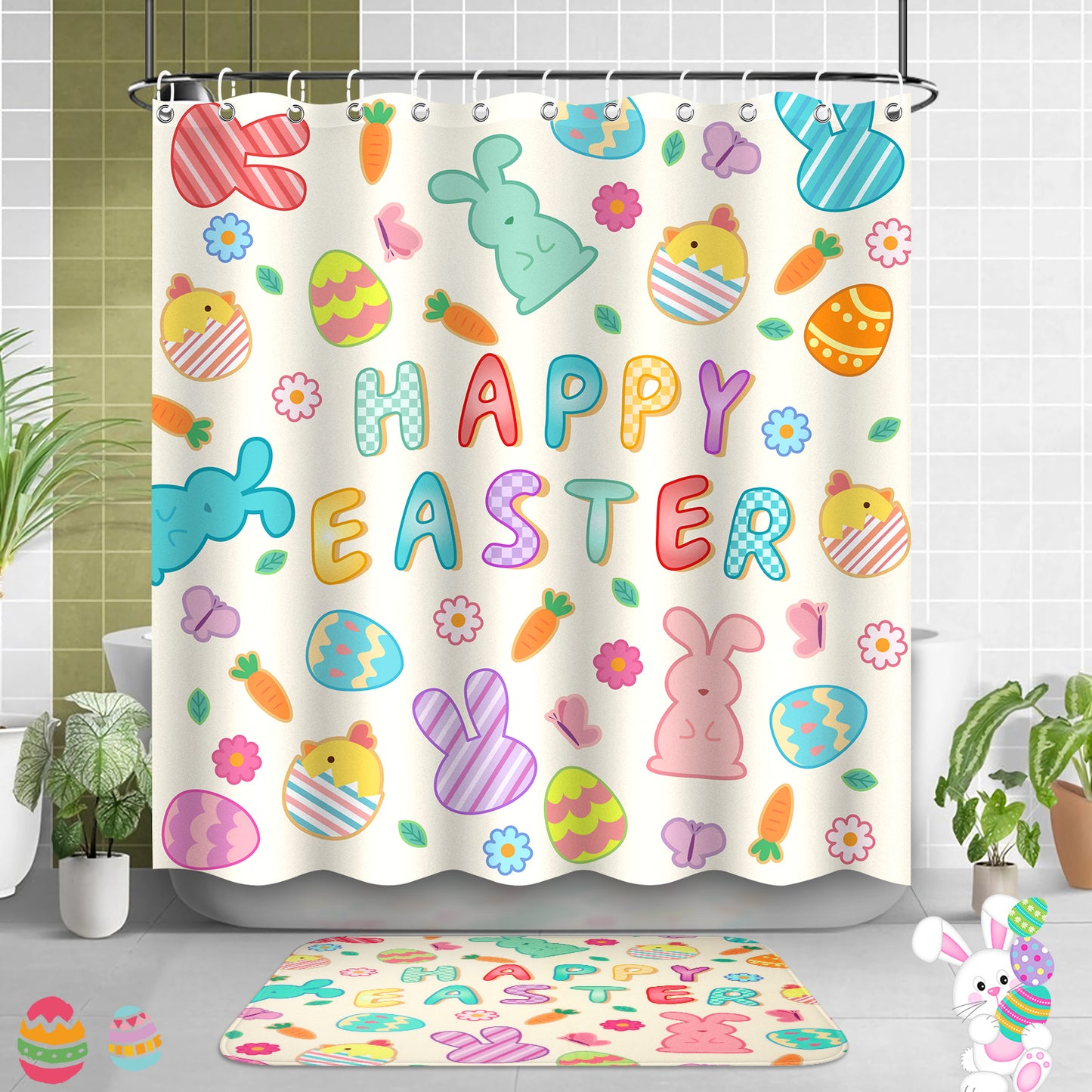 4Pcs Easter Shower Curtain Set with Non Slip Rugs, Toilet Lid Cover and Bath Mat, Easter Bathroom Decor Spring Bathroom Set, Bunny Shower Curtains with 12 Hooks