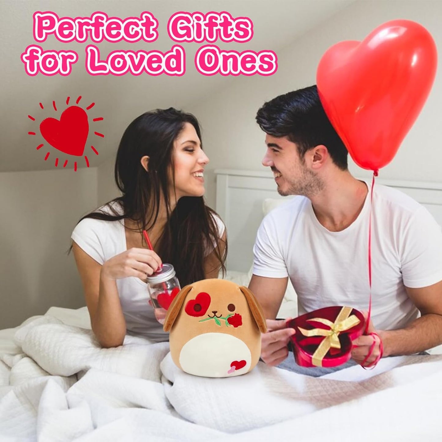 Valentine's Day Plush Dog Stuffed Animal Toys, Cute Valentines Day Dog Plush Gripper Rose, Kawaii Brown Heart Dog Plushie Doll, Soft Dog Plush Gift for Girlfriends Valentine's Day