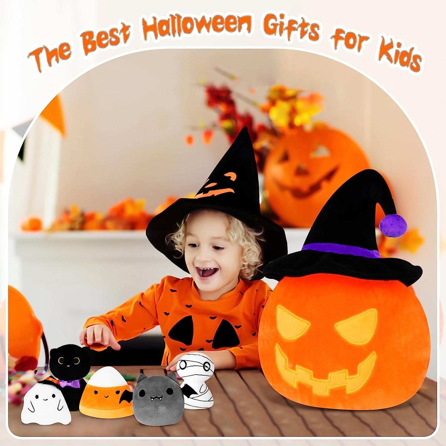 Juego de juguetes de peluche de calabaza de animales de peluche de Halloween, 6 piezas, juego de peluche de calabaza de Halloween, cesta de calabaza de felpa de Kawaii, regalo para bebés y niñas