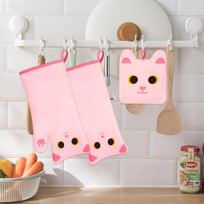 Oven Mitts,Cute Cat Design Cooking Glove,Quilted Cotton Lining,Heat Resistant Oven Mitts and Pot Holders Sets for Baking,Microwave,Cute Oven Mitts for Mom,Housewarming(Pinks)