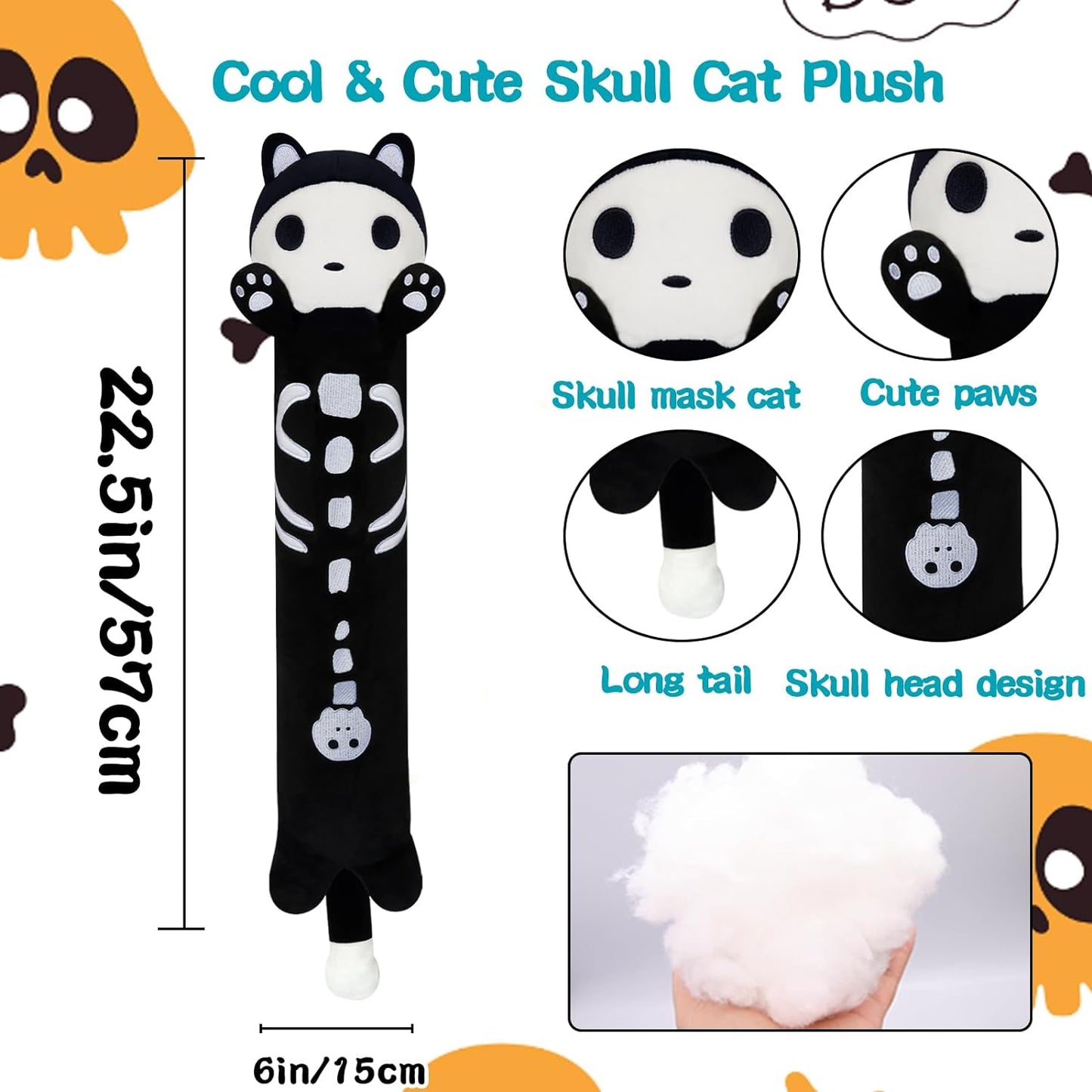 Long Cat Plush Long Plush Body Pillow, Cute Skull Cat Stuffed Animals Soft Long Cat Plushies, Kawaii Cartoon Black Cat Plush Throw Pillow Stuffed Cat Toys Decorations