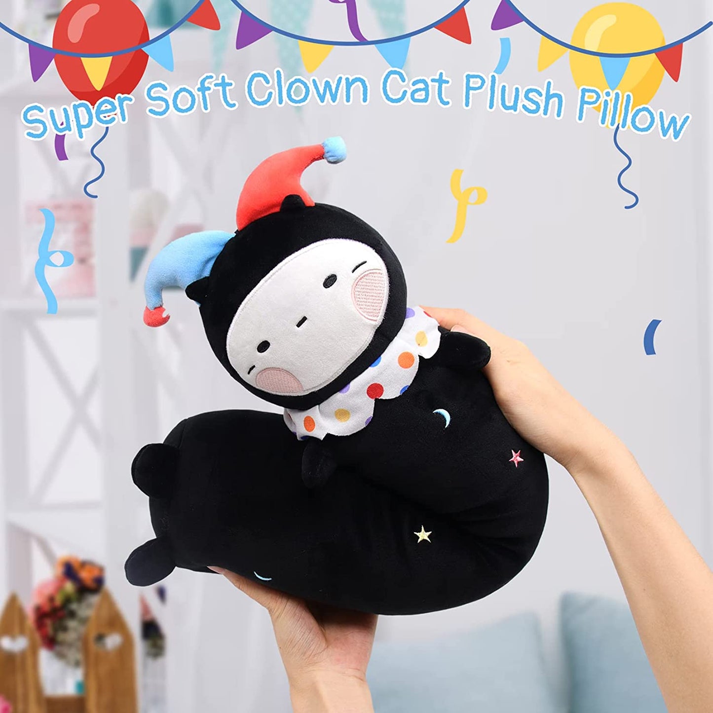 Long Cat Plush Body Pillow, Cute Halloween Clown Plush Long Cat Throw Pillow, Kawaii Stuffed Animal Clown Cat Plush Toys for Kids, Boys, Girls (Black, 61cm/24in)