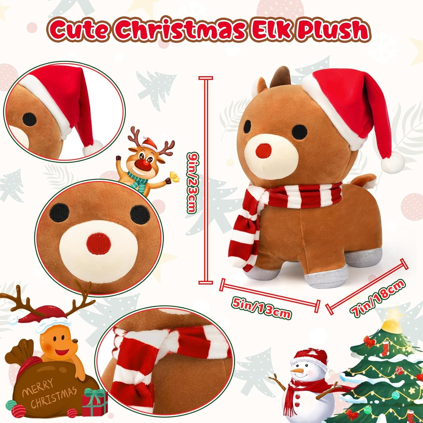 Reindeer Plush, 9-Inch Christmas Plush Christmas Reindeer Stuffed Animal Soft Stuffed Reindeer Plush Toy for Reindeers Lovers Room Decorations