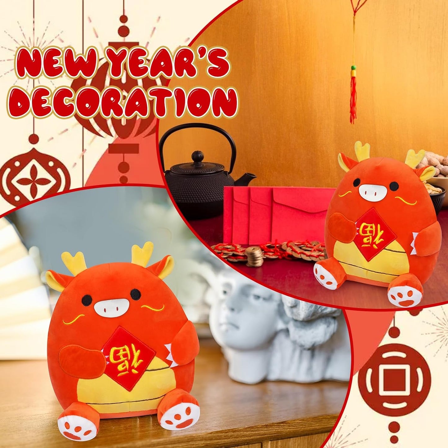 Chinese New Year Dragon Plush, 9inch Chinese Zodiac Dragon Stuffed Animal, 2024 Chinese New Year Decoration，New Year Gifts for Kids, Boys and Girls