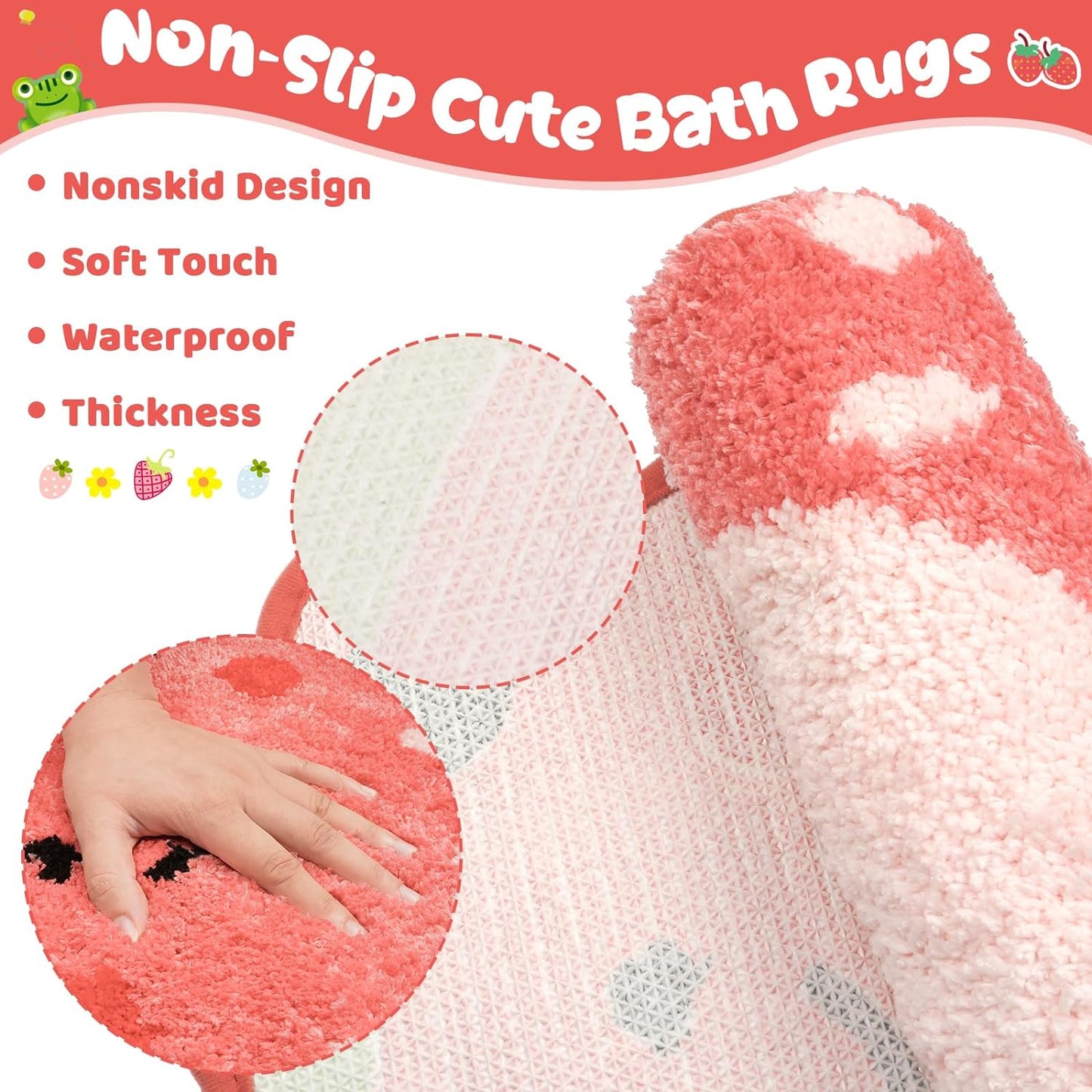 Bathroom Rugs Bathroom Mat, Kawaii Strawberry Frog Bath Rug, Cute Bath Mat Entryway Floor Mat, Non Slip Absorbent Bath Rug for Bathroom 20x24.5inch