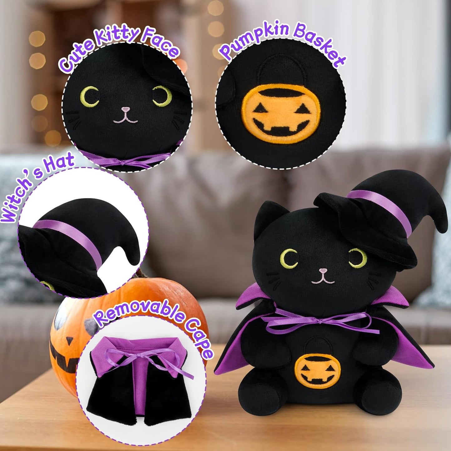 Halloween Plush Black Cat Plush - 9inch Halloween Black Cat Stuffed Animal Witch Cat Plushie - Cute Halloween Stuffed Toys Decorations Halloween Plushies Gift for Kids