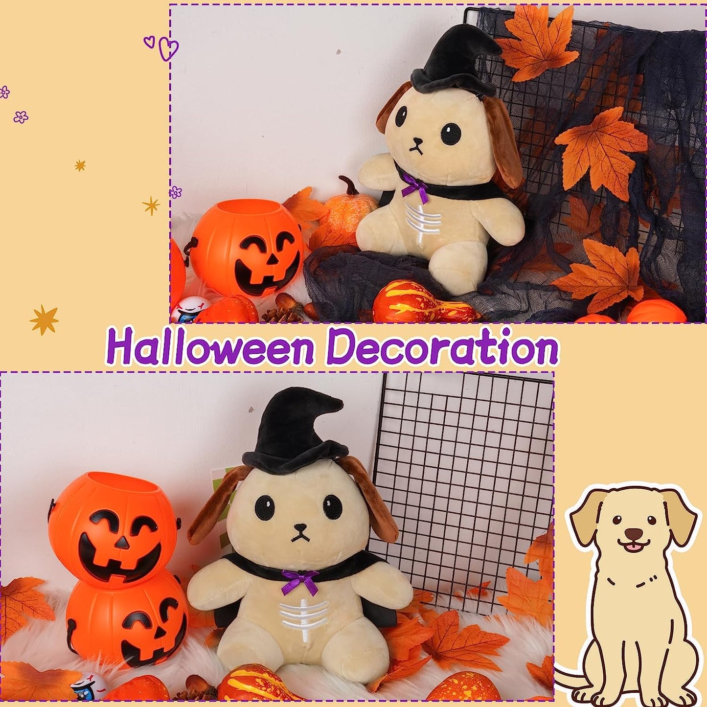 Peluche de perro de Halloween de 8 pulgadas, capa de juguete de peluche para cachorros, linda muñeca de peluche con sombrero de bruja, regalos de decoración de Halloween para niños y niñas