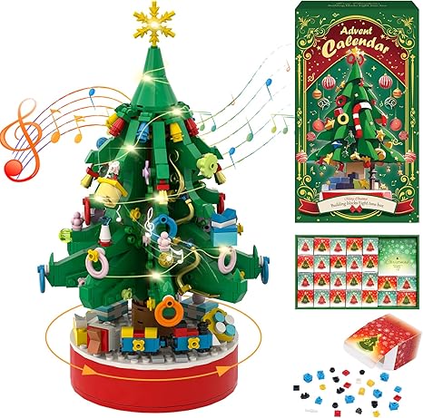 Advent Calendar 2024 Christmas Tree Building Blocks, 24 Days Christmas Countdown Christmas Tree Musical Block Box Kids Blocks with LED Light, Christmas Gifts for Kids Teens