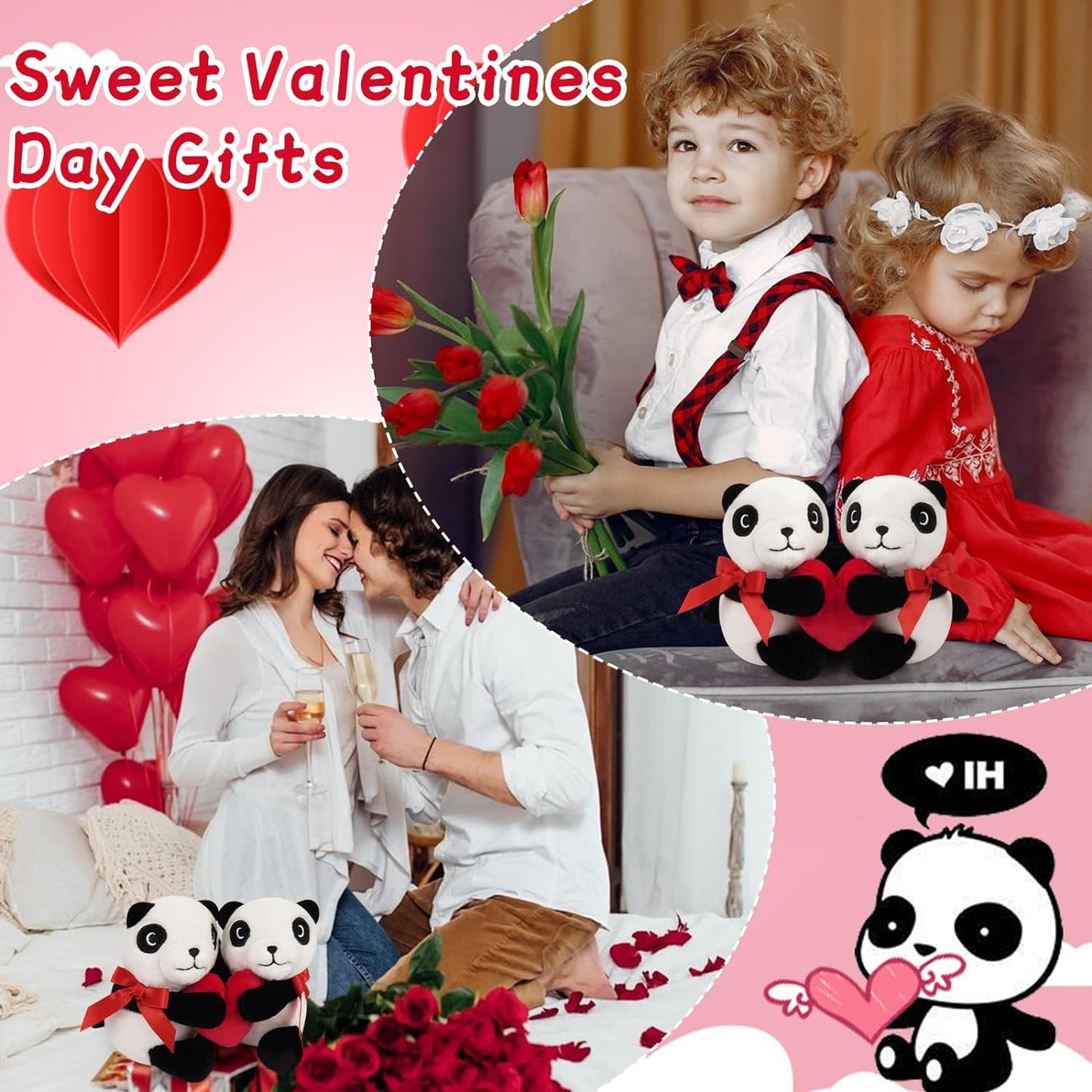 Cute Panda Stuffed Animals with Red Heart, Couple of Panda Plush Toy, Valentines Day Decoration Plush Gift for Kids