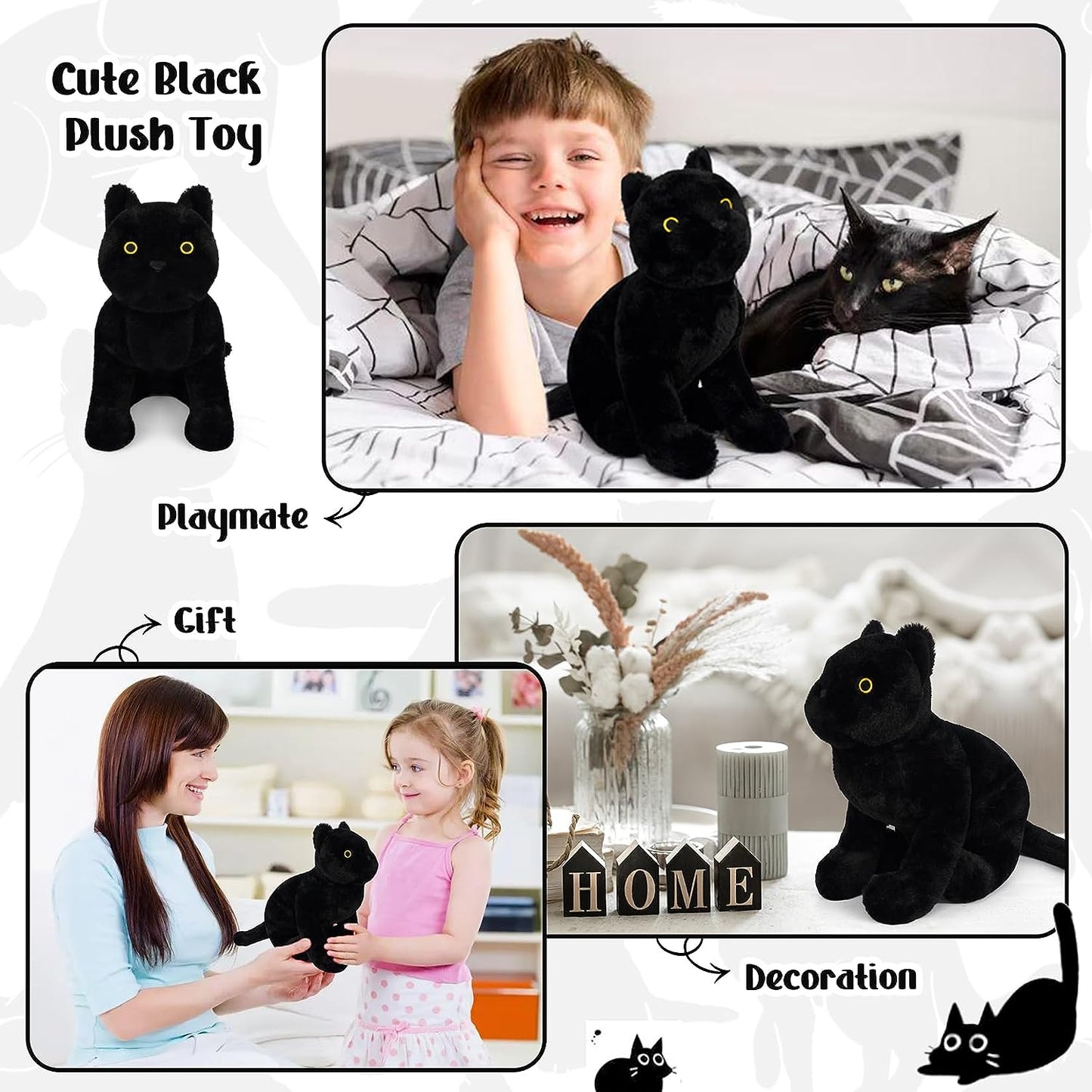 Juguete de peluche de gato negro, suave almohada de peluche de gato negro, lindo juguete de peluche para niños y niñas