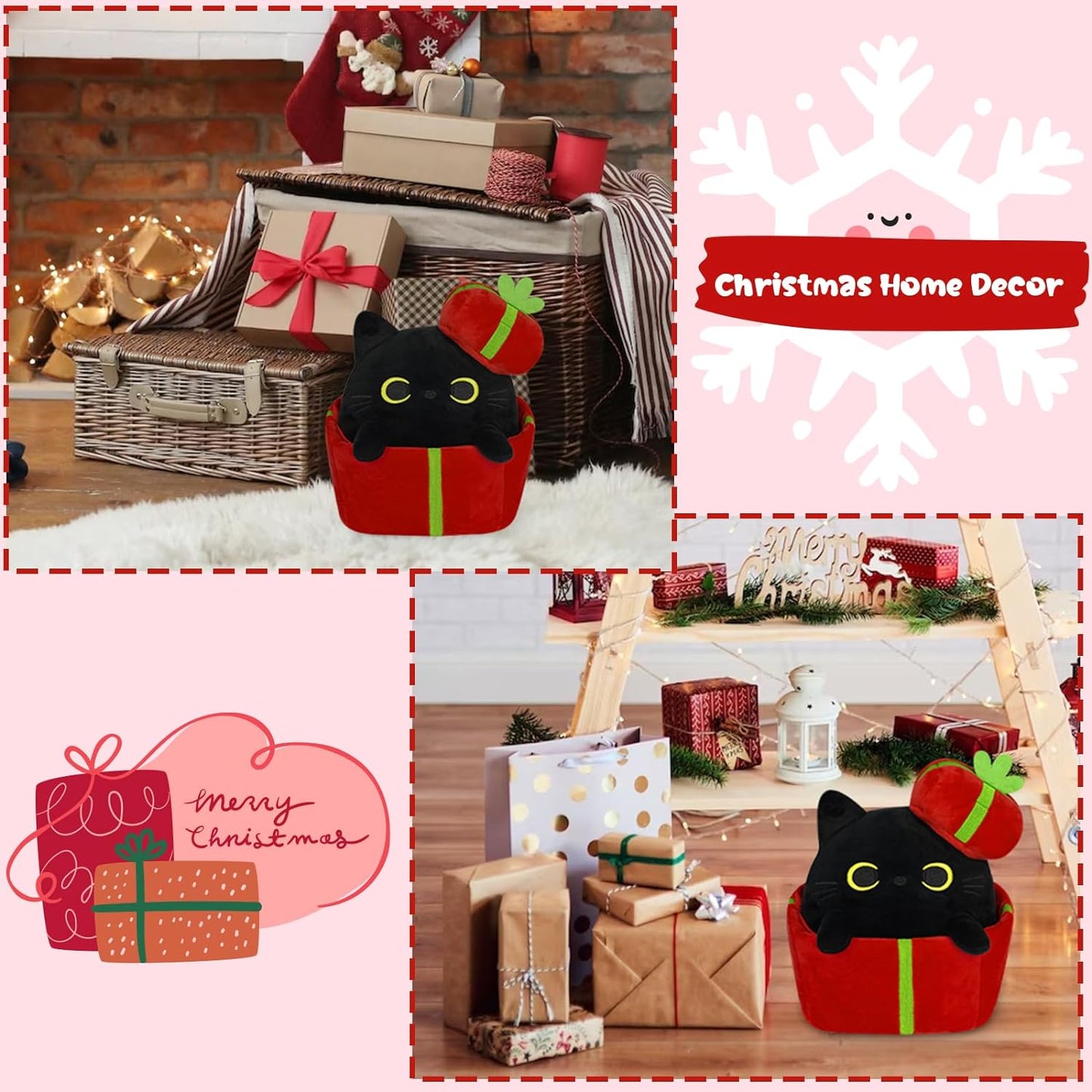 Black Cat Plush Cat Stuffed Animal Toy, Soft Cat Plushie Pillow, Cute Stuffed Black Cat Doll Toy for Kids Boys Girls Kawaii Christmas Decoration (Gift-Box Cat)