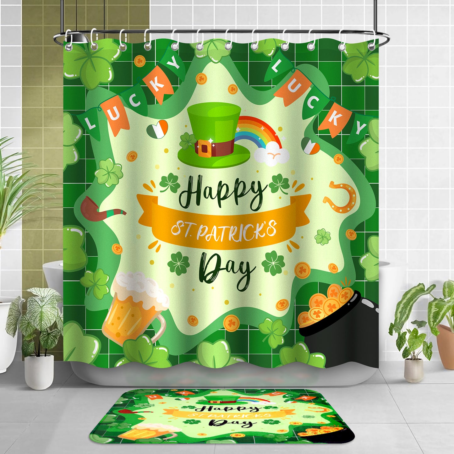 St Patricks Day Shower Curtain Set, 4pcs Happy St Patricks Day Shower Curtain with Non Slip Rugs, Toilet Lid Cover and Bath Mat, Green Shamrock Waterproof Fabric Bathroom Curtain
