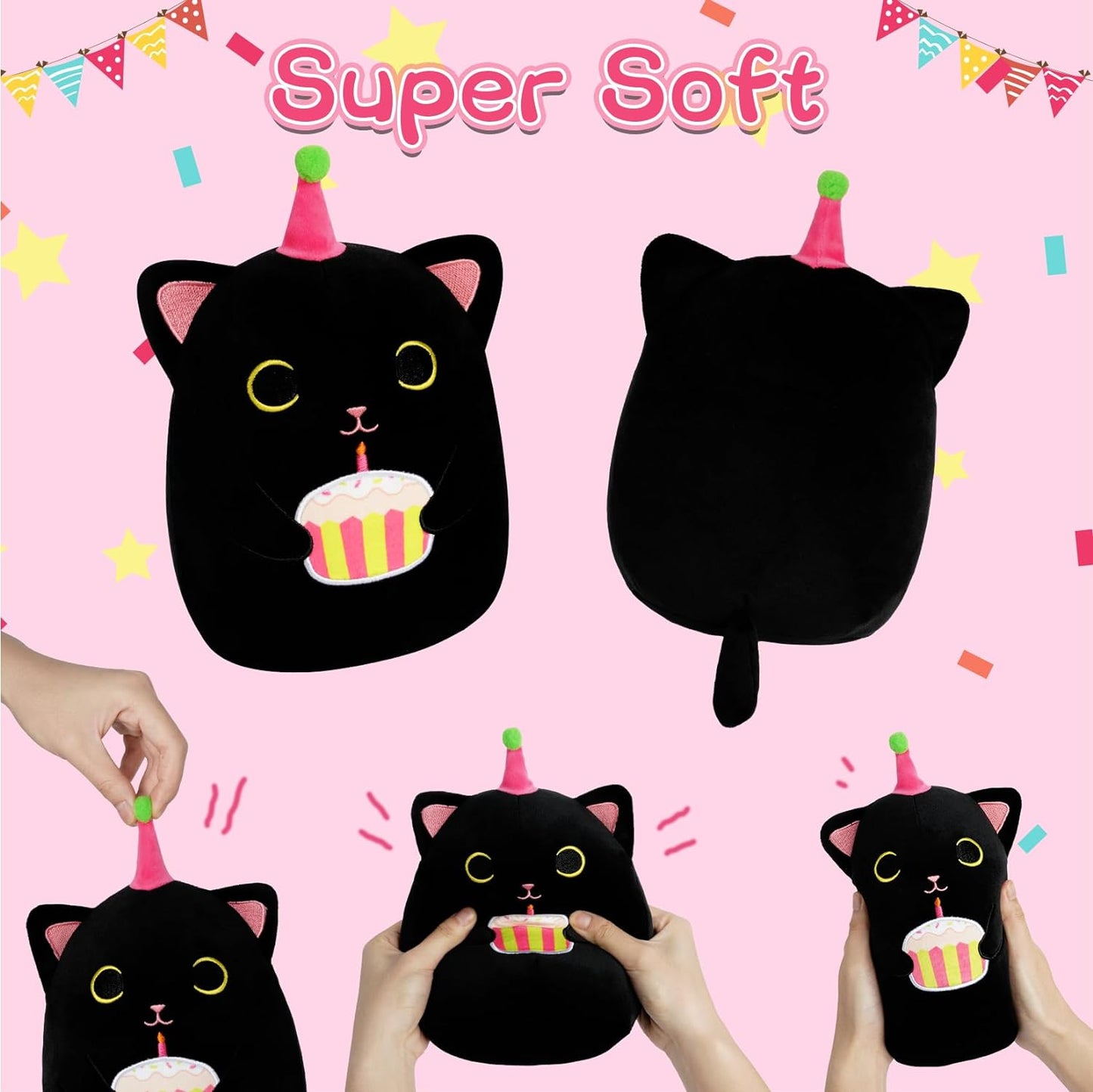 Black Cat Plush, 8 inch Birthday Cat Stuffed Animal Happy Birthday Plush Cute Cat Plush Pillow with Cake, Kawaii Cat Plushie Birthday Plush for Girls, Boys and Cats