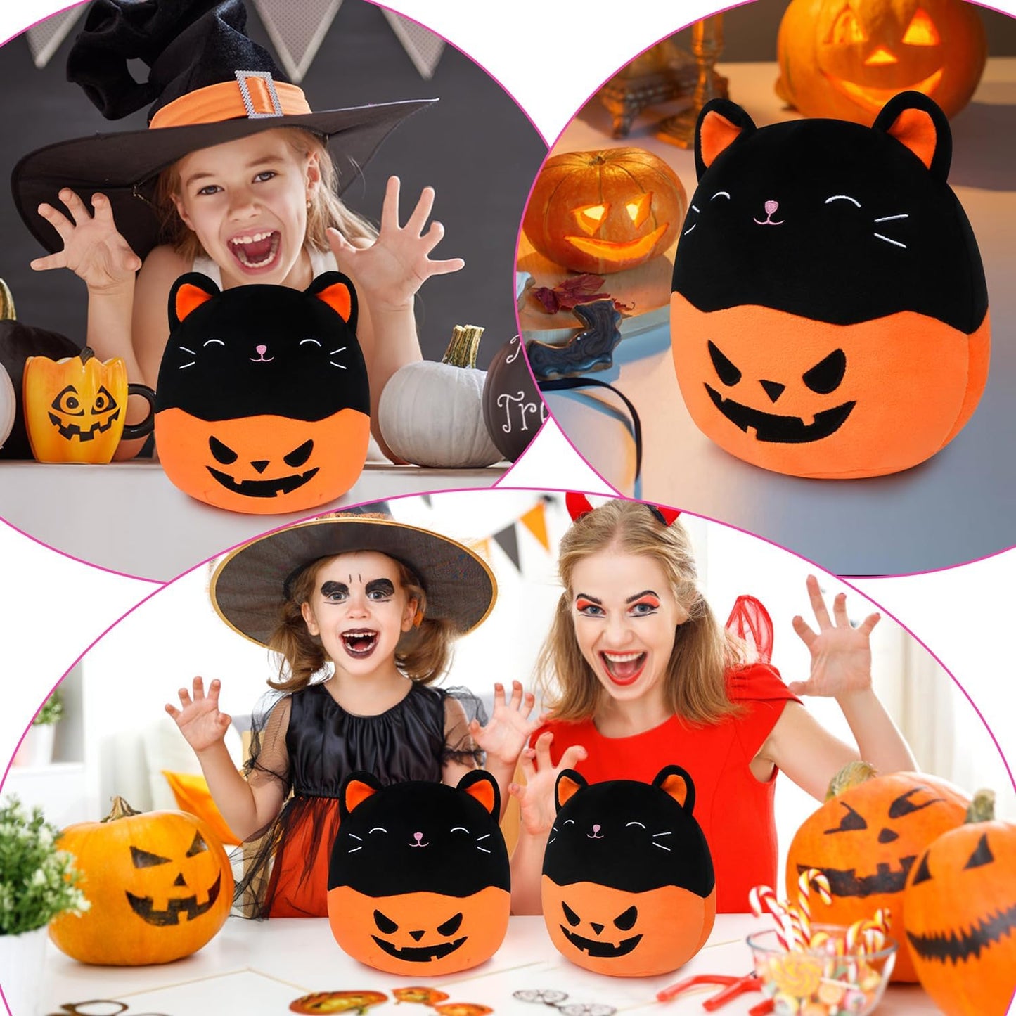 Halloween Plush Pillow Black Cat Plush Cat Stuffed Animals Toy for Kids, Black Pumpkin Cat Plushie for Boys Girls Halloween Decor