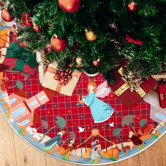 Buffalo Plaid Tree Skirt Nativity Christmas Tree Skirt，48 Inch Christmas Tree Skirts with Jesus, Large Xmas Tree Skirt Vintage Holiday Home Decoration, Double Fabric Layers, Comfortable & Durable