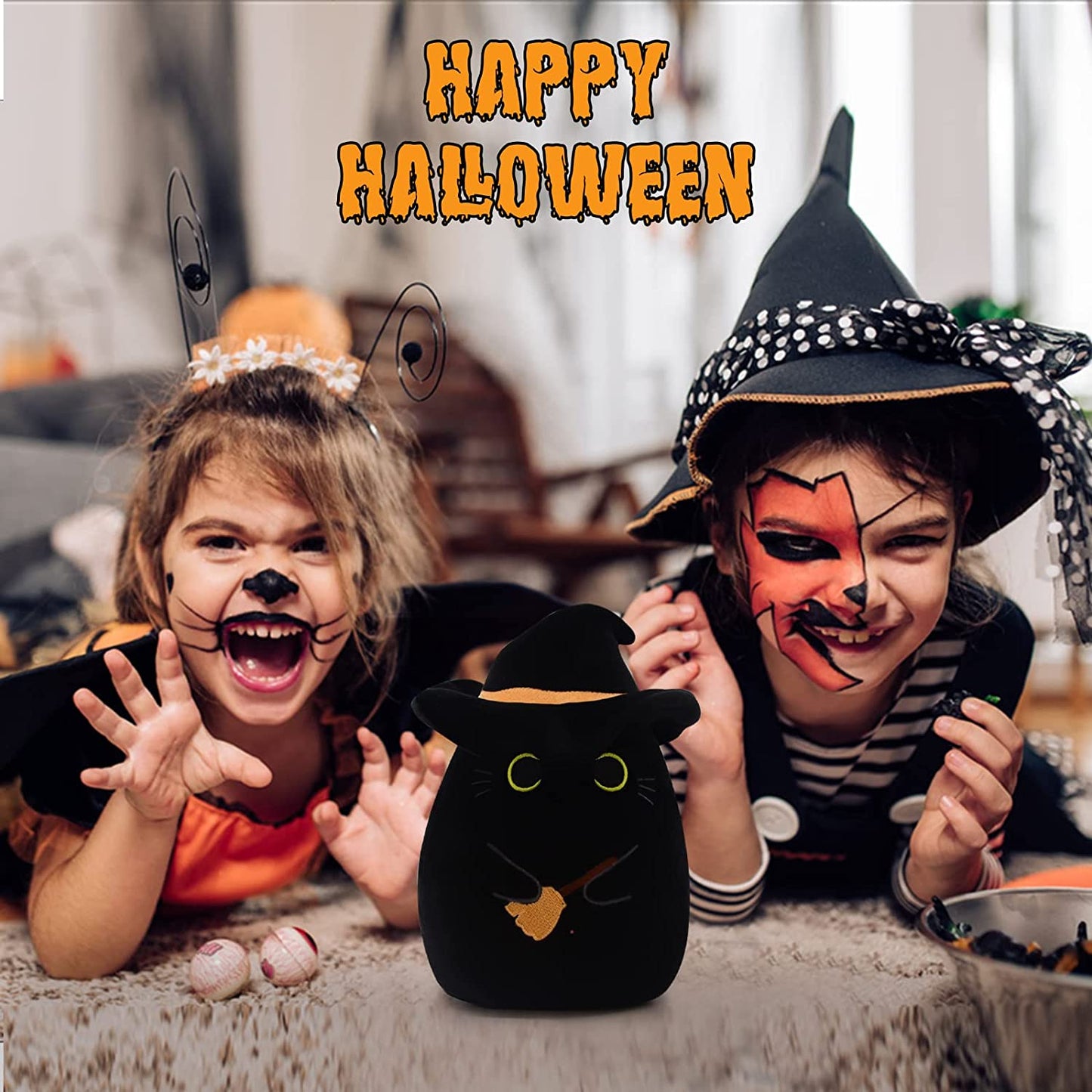 Black Cat Pillow Black Cat Plush Toy, Soft Halloween Plush Cat Toy with Hat, Cute Halloween Plush Witch Black Cat Doll, Kawaii Halloween Witch Cat Plush Gift for Kids Boys Girls