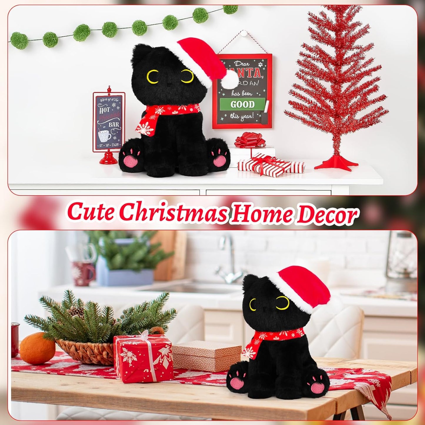 Black Cat Plush Pillow, Cute Christmas Plush Black Cat Stuffed Animals Toy for Kids, Soft Stuffed Cat Doll for Girls Boys, Kawaii Home Decortaion