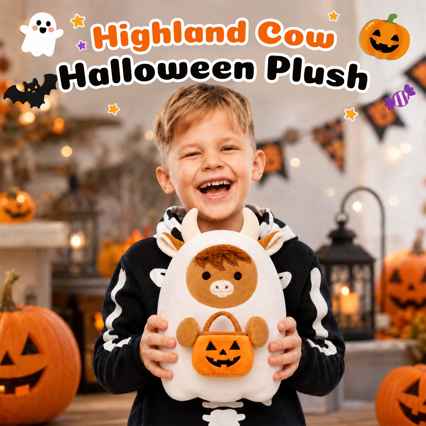 Halloween Stuffed Animal, 8 Inch Halloween Plush Ghost Highland Cow Plush Ghost Cow Plush Toy with a Pumpkin Basket, Soft Ghost Pillow Plush Cow for Kids, Halloween Gifts Boo Basket Stuffers