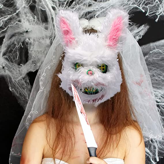 Halloween Scary Mask Rabbit Bunny Mask, Bloody Plush Animal Head Mask, Spooky Mask Halloween Cosplay Costume Props