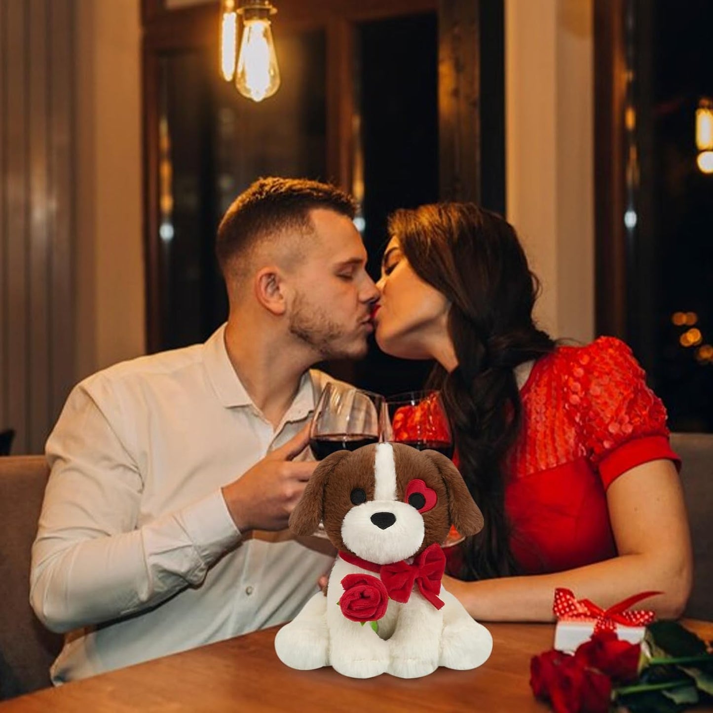 Dog Stuffed Animal, 9inch Beagle Dog Plush with Red Rose for Valentine Day, Cute Valentines Dog Stuffed Animal Beagle Plush, Christmas Valentines Plush for Girlfriend,Lover,Kids