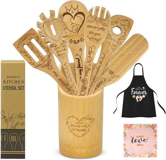 9Pcs Wooden Spoons for Cooking, Mothers Day Gift for Mom Wooden Kitchen Utensil Set with Aprons & Kitchen Towels, Bamboo Cooking Utensils Set Great Christmas Birthday Gift for Women Her