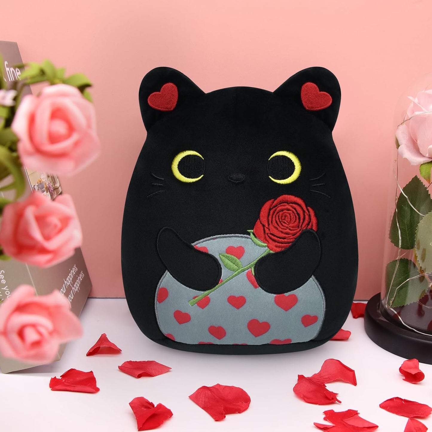 Black Cat Plush with Rose Decor, 8in Cat Stuffed Animals, Kawaii Stuffed Cat Plushie, Black Cat Toys Doll, Cute Cat Plush Pillow,Gift for Valentine's Day,Birthday,Christmas