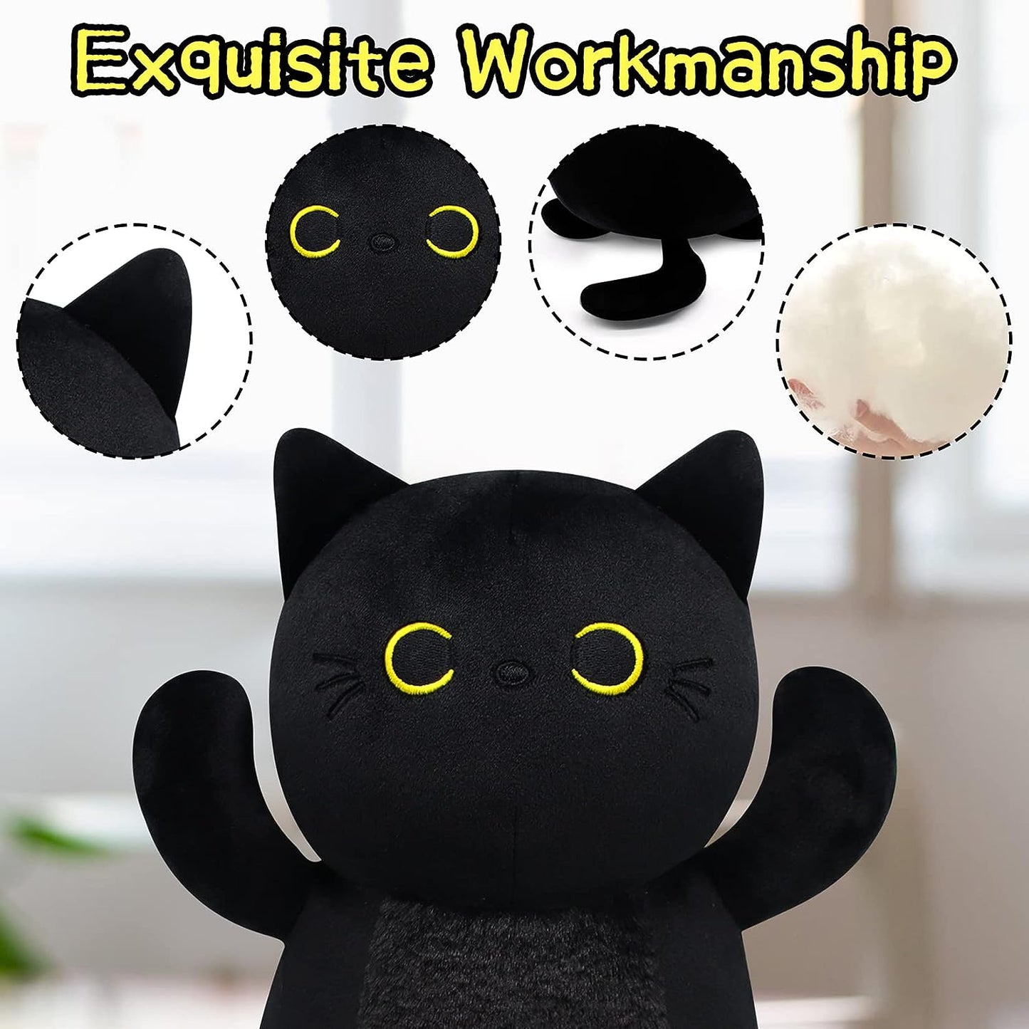 Black Cat Plush Toy Black Cat Plush Pillow，Cute Soft Black Cat Stuffed Animals Plush Cat Plushie，Kawaii Plush Doll Black Cat Gifts for Kids Boys Girls Birthday Christmas Decorations