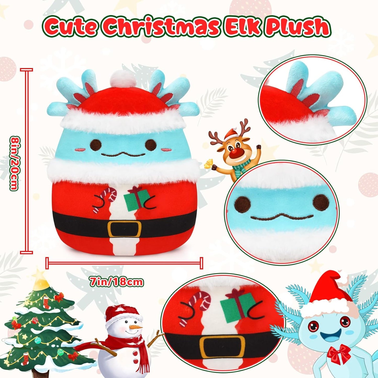 Axolotl Plush Toy, 8-Inch Axolotl Stuffed Animal Christmas Plush Axolotl Pillow, Soft Christmas Stuffed Animals Axolotl Gifts for Kids Adults Birthday Christmas