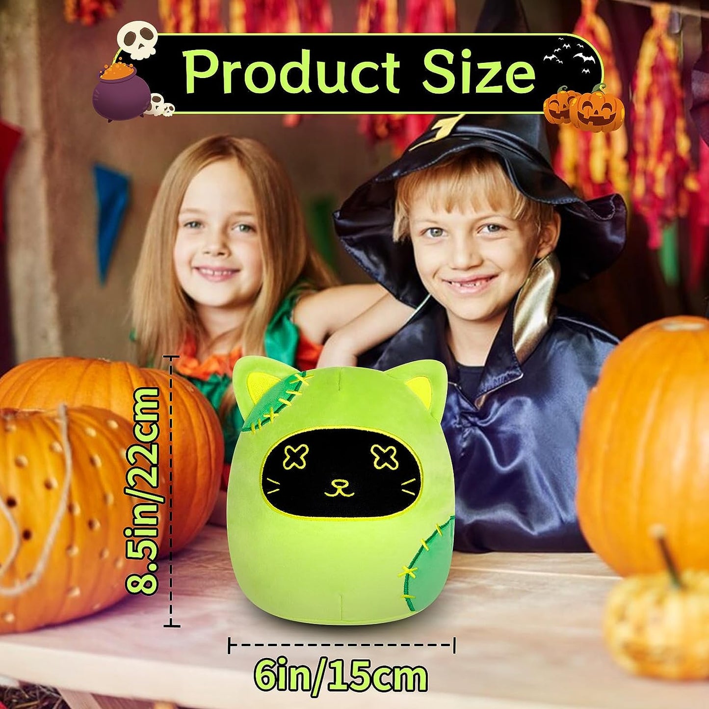Green Cat Plush, Halloween Cat Plush Doll, Halloween Stuffed Animal Cat Plushie, Kawaii Halloween Plush, Halloween Cat Plush Pillow for Boys Girls