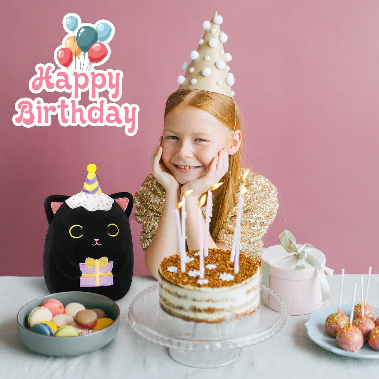 Black Cat Plush, 8" Cute Birthday Stuffed Animal Cat Plushies, Happy Birthday Black Cat Plush Pillow Doll, Soft Cartoon Cat Plush Birthday Gift for Kids
