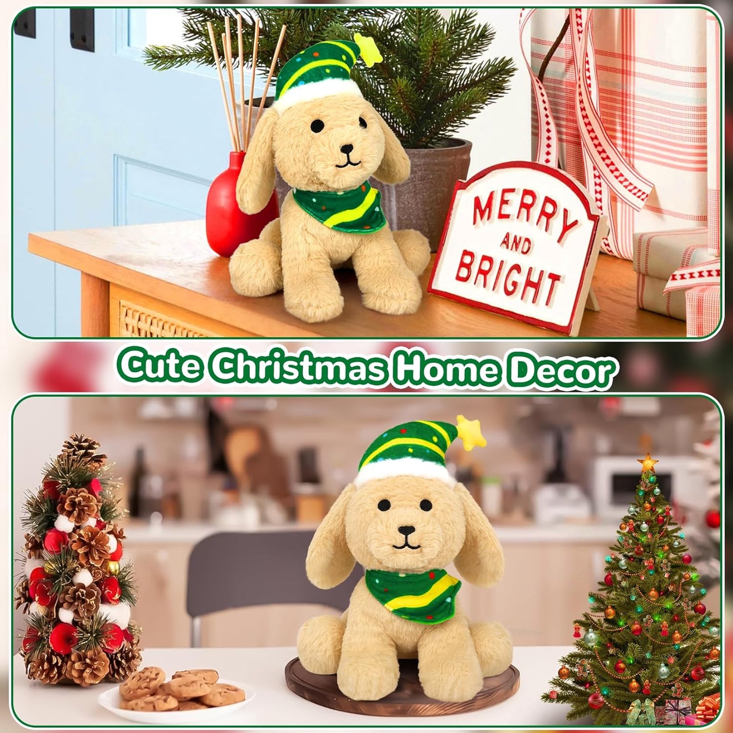 Dog Plush Christmas Dog Stuffed Animal Toy, Soft Dog Plushie Pillow, Cute Green Hat Dog Stuffed Doll Toy for Kids Boys Girls Kawaii Christmas Decoration (Green Hat)