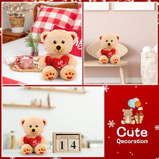 Teddy Bear Stuffed Animals for Girlfriend, 9“ Red Heart Brown Teddy Bear Plush with Rose Toy, Cute Valentines Day Stuffed Animals Bear Gifts for Kids Boyfriend Wife Women…