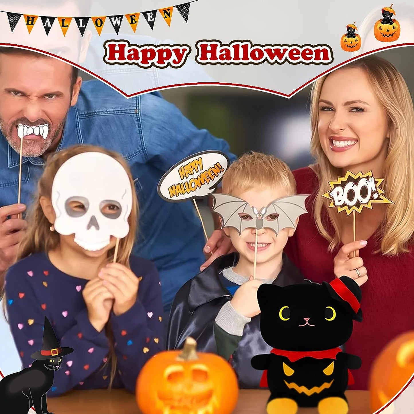 Juguete de peluche de gato negro de Halloween, linda almohada de peluche de gato negro para niños y niñas, decoración de Halloween Kawaii