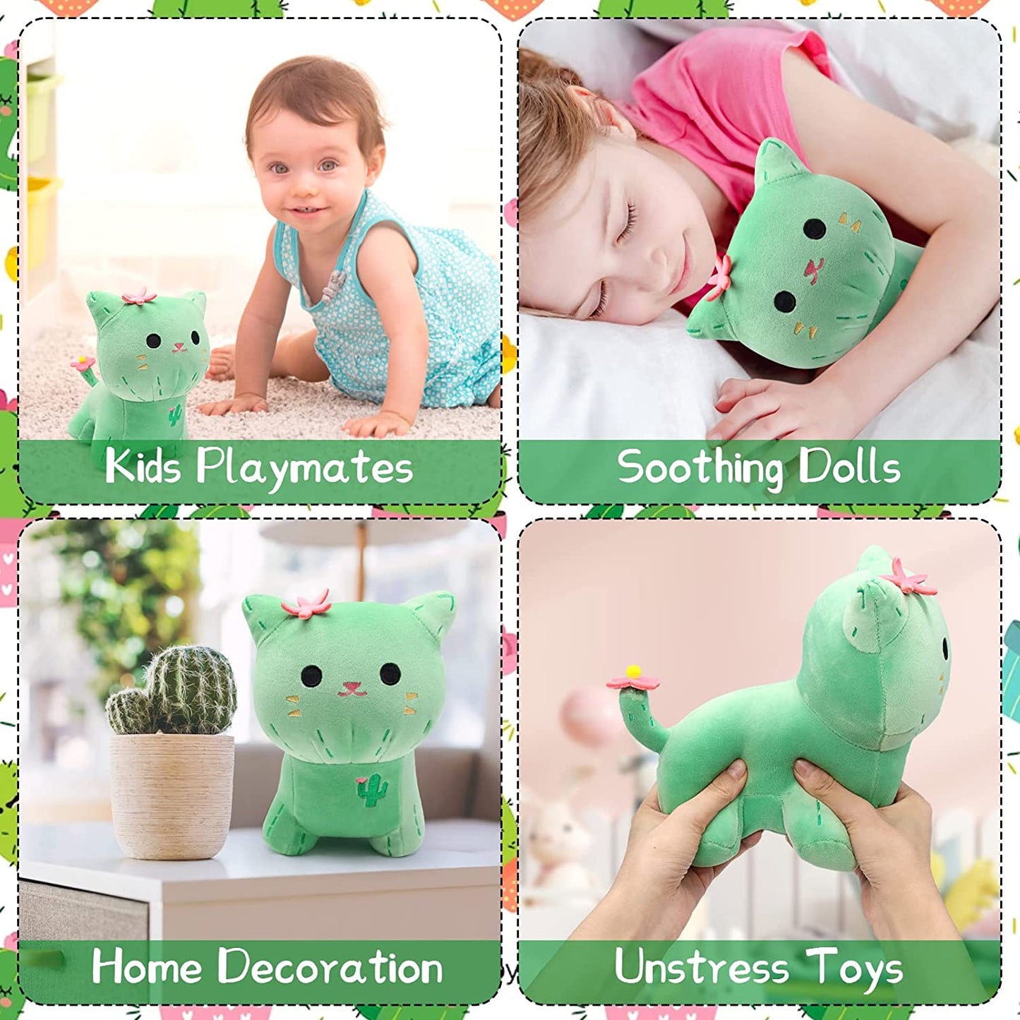 Cat Stuffed Animal Cat Plush Pillow, Cute Cat Plush Pillow Doll, Kawaii Cacti Flower Cat Plushies, Green Cat Plush Toys Home Decor, Soft Plush Cat Toys Gifts for Kids Boys Girls