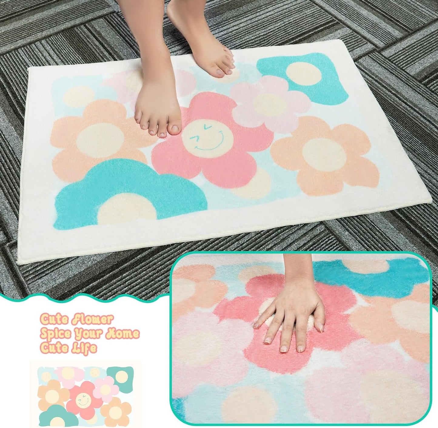 Bathroom Rug Bathroom Mat, Cute Bath Mat Non Slip Absorbent Bath Rug for Bathroom (Flowers)