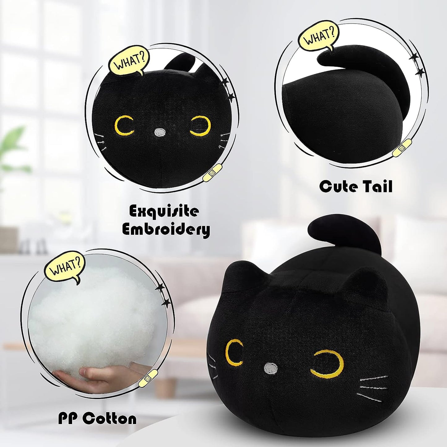 Black Cat Plush, 3D Cat Stuffed Animal Toy Pillow, Kawaii Cat Pillow Black Cat Plushies Cute Round Eyes Kitten Plush Doll Toy for Boys Girls Kids