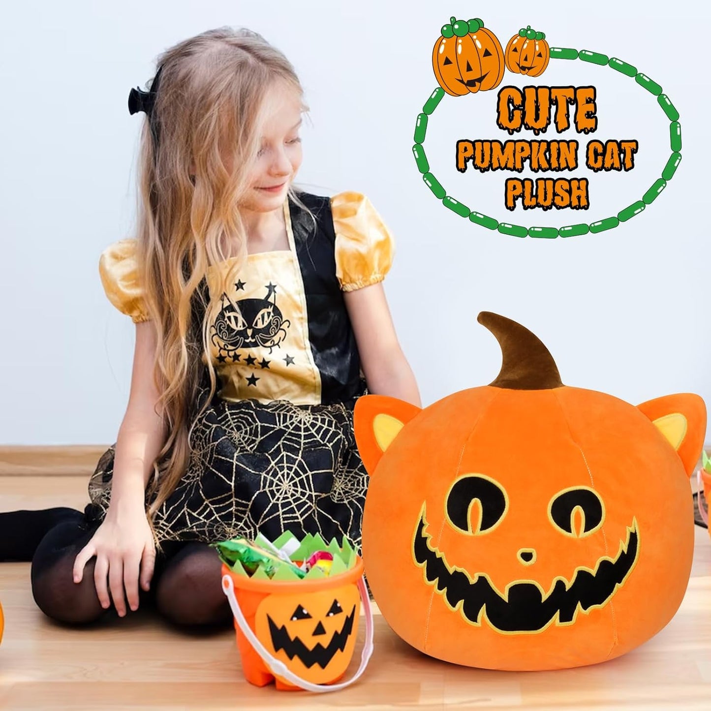 Halloween Stuffed Animal Pumpkin Plush Pillow, 15" Cute Pumpkin Cat Plush Toy, Kawaii Stuffed Pumpkin Plush, Soft Pumpkin Throw Pillow Doll Gift for Kids Birthday Halloween Decor