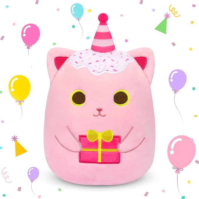 Birthday Plush Pillow,Birthday Cat Stuffed Animal Toy,Cute Pinks Cat Stuffed Animal with Gifts, Happy Birthday Cat Plush Toy,Soft Cat Plushie Birthday Gifts for Kids Girl
